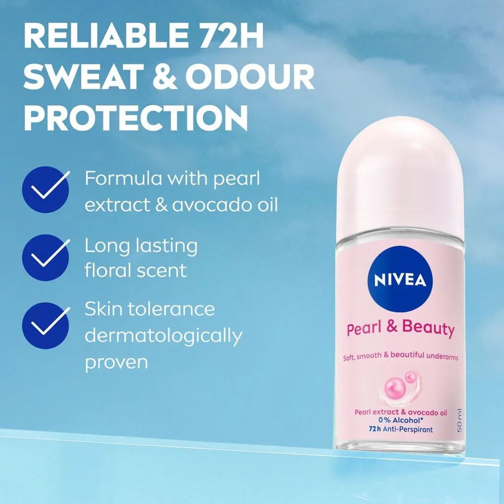 NIVEA PEARL & BEAUTY ANTI TRANSPIRANT ROLL ON - 50ml | مزيل العرق رول-أون نيفيا بيرل آند بيوتي مضاد للتعرق – 50 مل