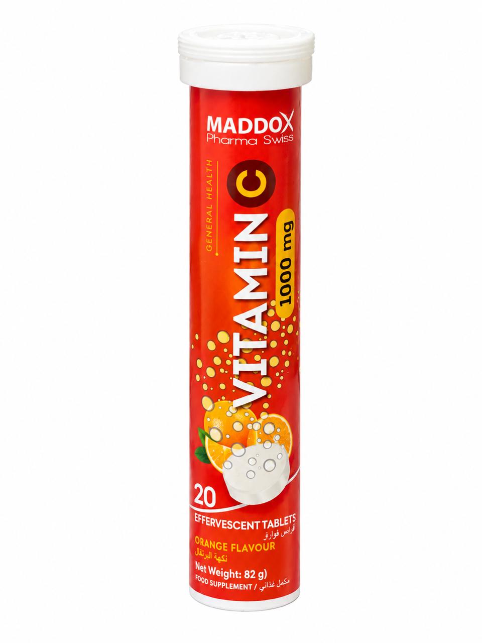 MADDOX Vitamin C 1000mg ORANGE FLAVOUR - 20 Effervescent Tablets - 82g | مادوكس فوار فيتامين سي طعم برتقال - 82غ