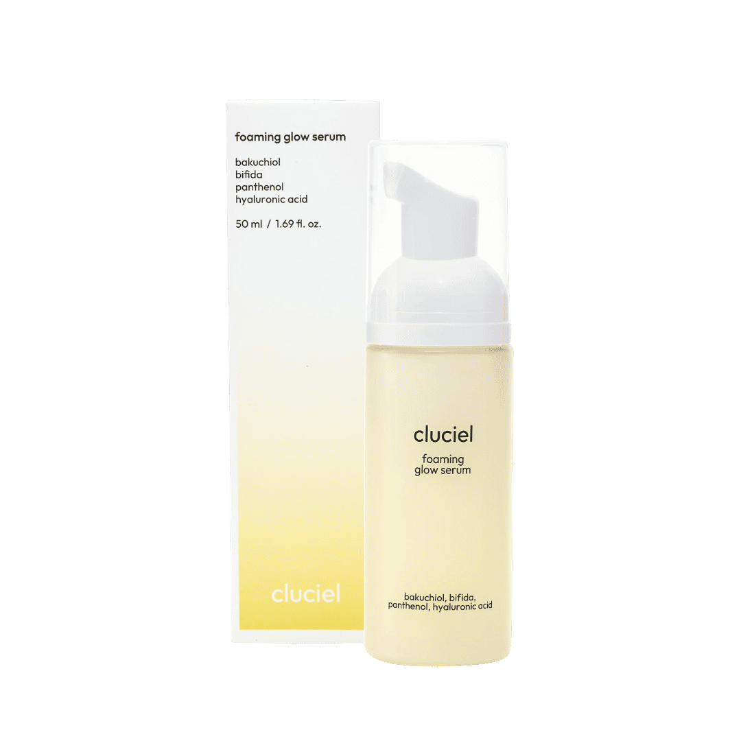 Cluciel Foaming Glow Serum, white pump bottle, 50ml, soft foaming texture, bakuchiol, hyaluronic acid.