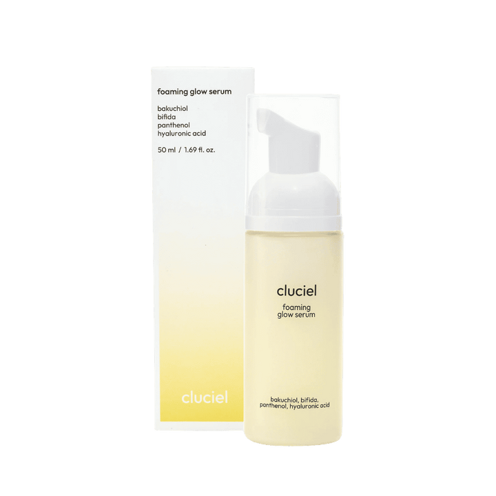 Cluciel Foaming Glow Serum, white pump bottle, 50ml, soft foaming texture, bakuchiol, hyaluronic acid.