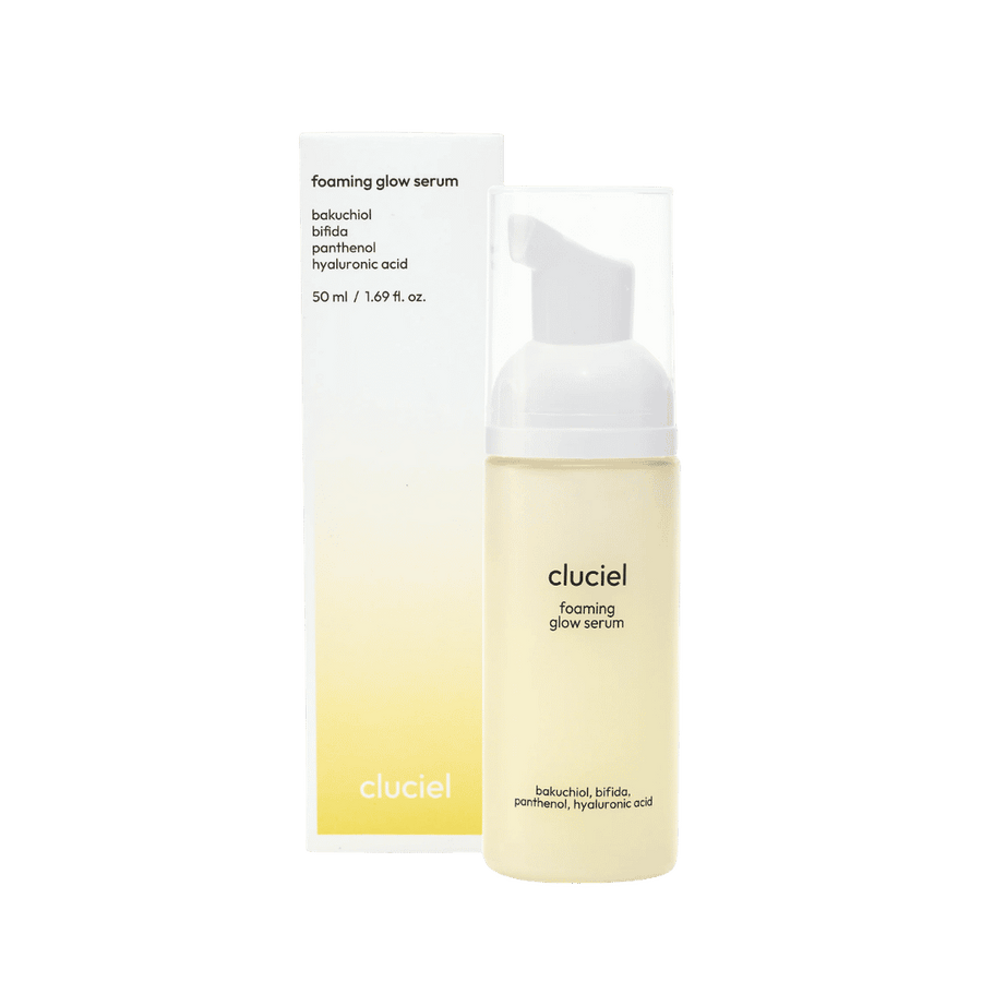 Cluciel Foaming Glow Serum, white pump bottle, 50ml, soft foaming texture, bakuchiol, hyaluronic acid.
