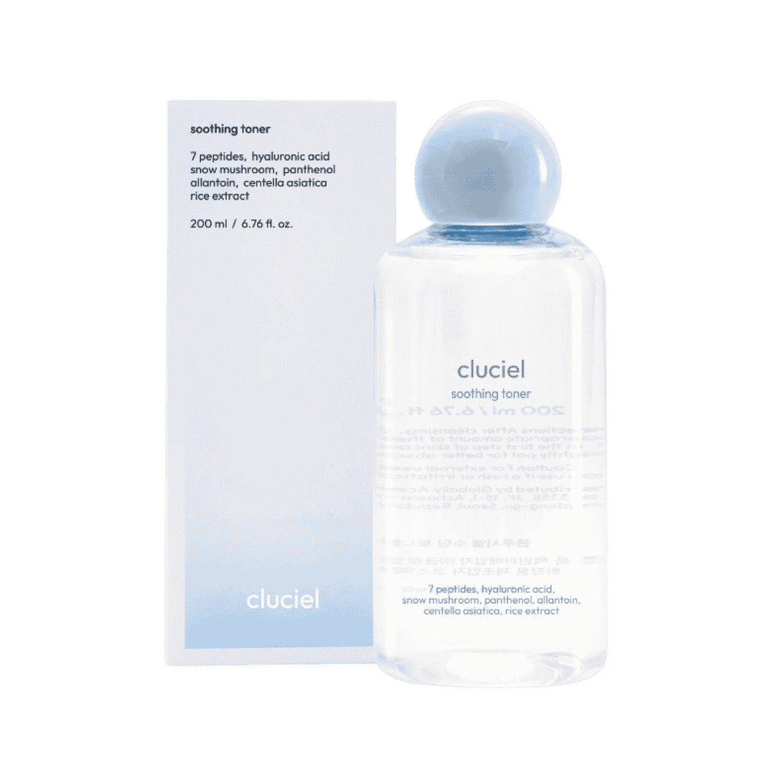 Cluciel Soothing Toner, clear cylindrical bottle with rounded cap, included light blue and white box, printed text branding, 1080x1080px 