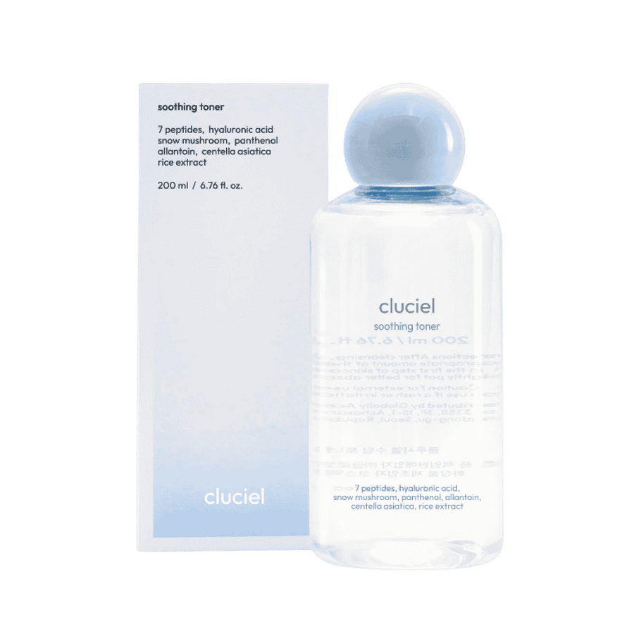 Cluciel Soothing Toner, clear cylindrical bottle with rounded cap, included light blue and white box, printed text branding, 1080x1080px 
