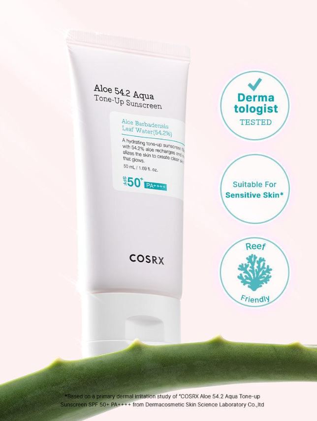 COSRX Aqua Tone Up Aloe 54.2 Sunscreen spf 50 - 50ml | كوزركس واقي شمسي مائي مع لون spf50 بالالوفيرا - 50 مل