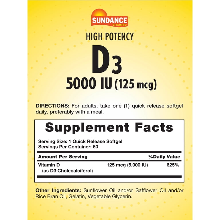 Sundance Vitamins High Potency D3 125 mcg 5,000 IU - 60 Quick Release Softgels - 60 | ساندانس فيتامين د3 5000 وحدة دولية - 60 #4