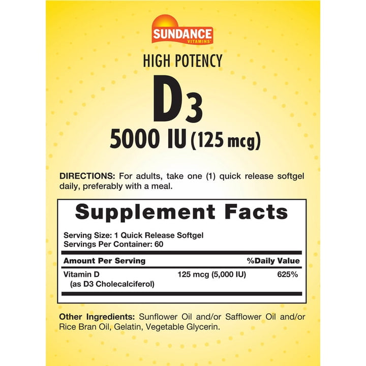 Sundance Vitamins High Potency D3 125 mcg 5,000 IU - 60 Quick Release Softgels - 60 | ساندانس فيتامين د3 5000 وحدة دولية - 60 #4