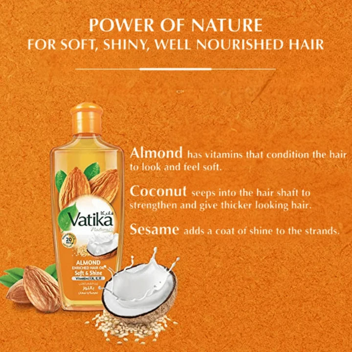 Vatika Almond Enriched Hair Oil Soft & Shine - 200ml | فاتيكا زيت الشعر المغذي باللوز للنعومة واللمعان - 200 مل