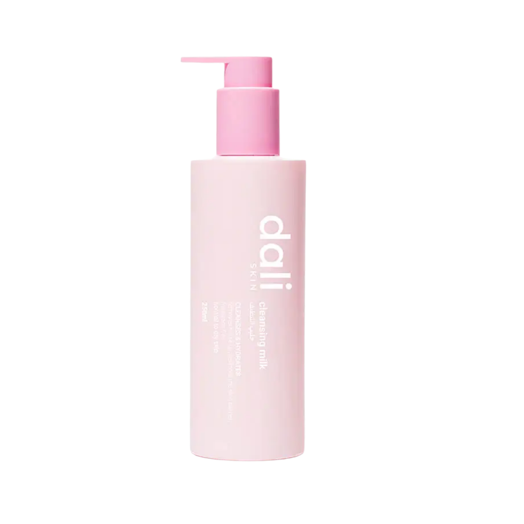 dali Cleansing Milk, 250ml, pink plastic bottle with pump dispenser, labeled with "dali" and "cleansing milk".
