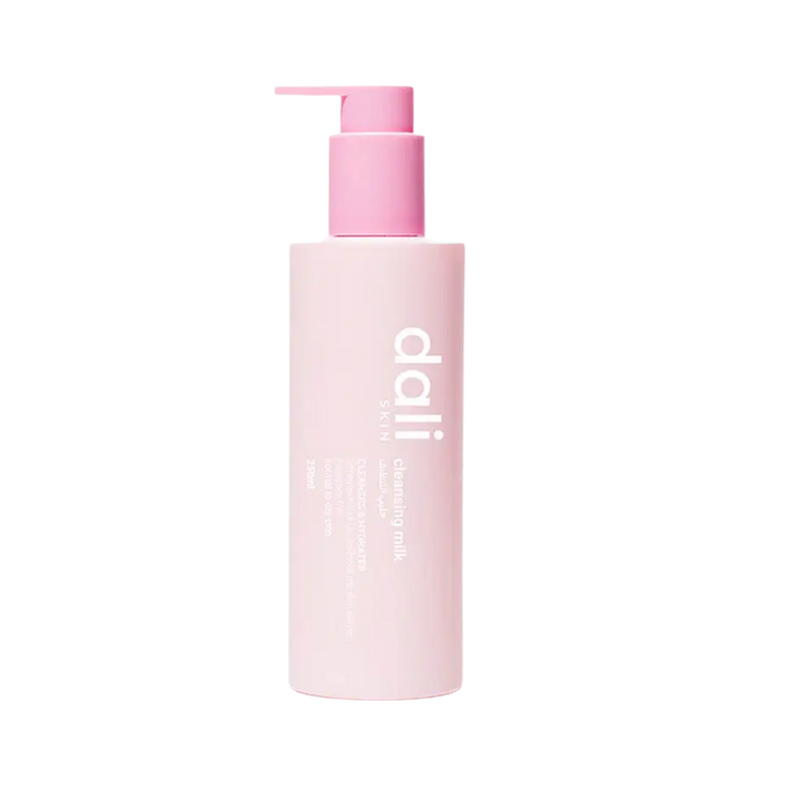 dali Cleansing Milk, 250ml, pink plastic bottle with pump dispenser, labeled with "dali" and "cleansing milk".
