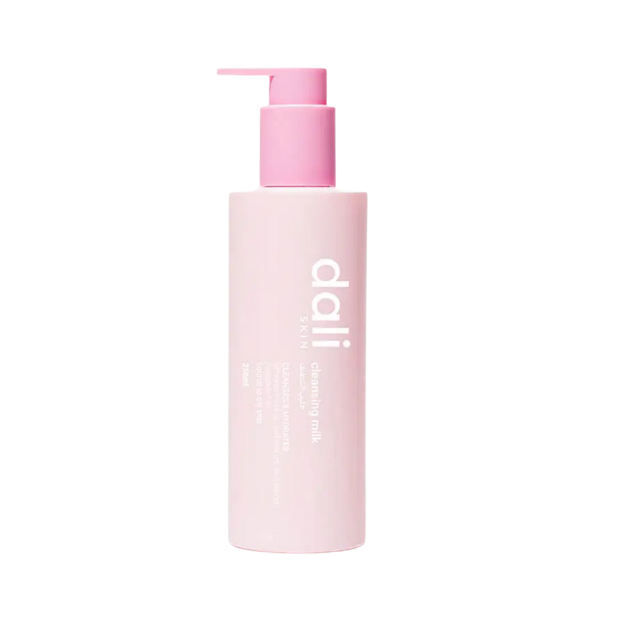 dali Cleansing Milk, 250ml, pink plastic bottle with pump dispenser, labeled with "dali" and "cleansing milk".
