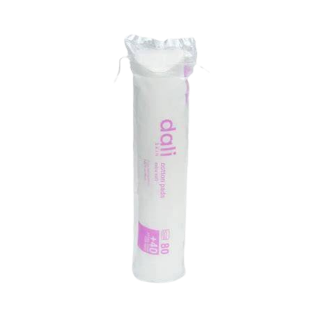 dali Cotton Pads, 80 pads, in a white plastic roll packaging with purple accents, labeled with "dali."
