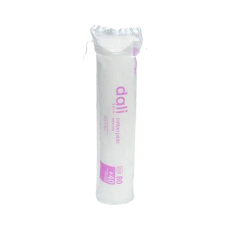 dali Cotton Pads, 80 pads, in a white plastic roll packaging with purple accents, labeled with "dali."

