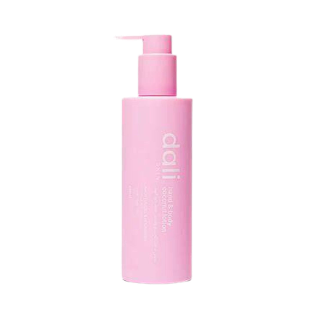 dali Water Boost Skin Lotion, pink bottle with pump dispenser, labeled with "dali" and "water boost skin lotion", 250ml.
