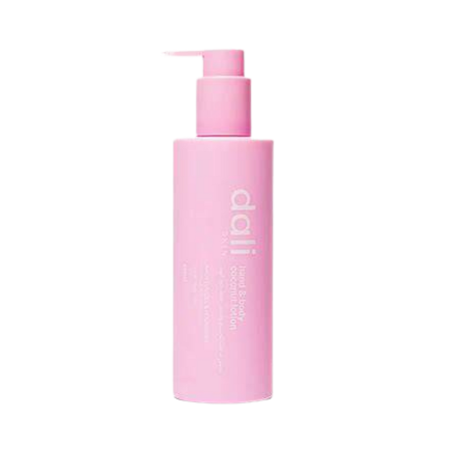 dali Water Boost Skin Lotion, pink bottle with pump dispenser, labeled with "dali" and "water boost skin lotion", 250ml.
