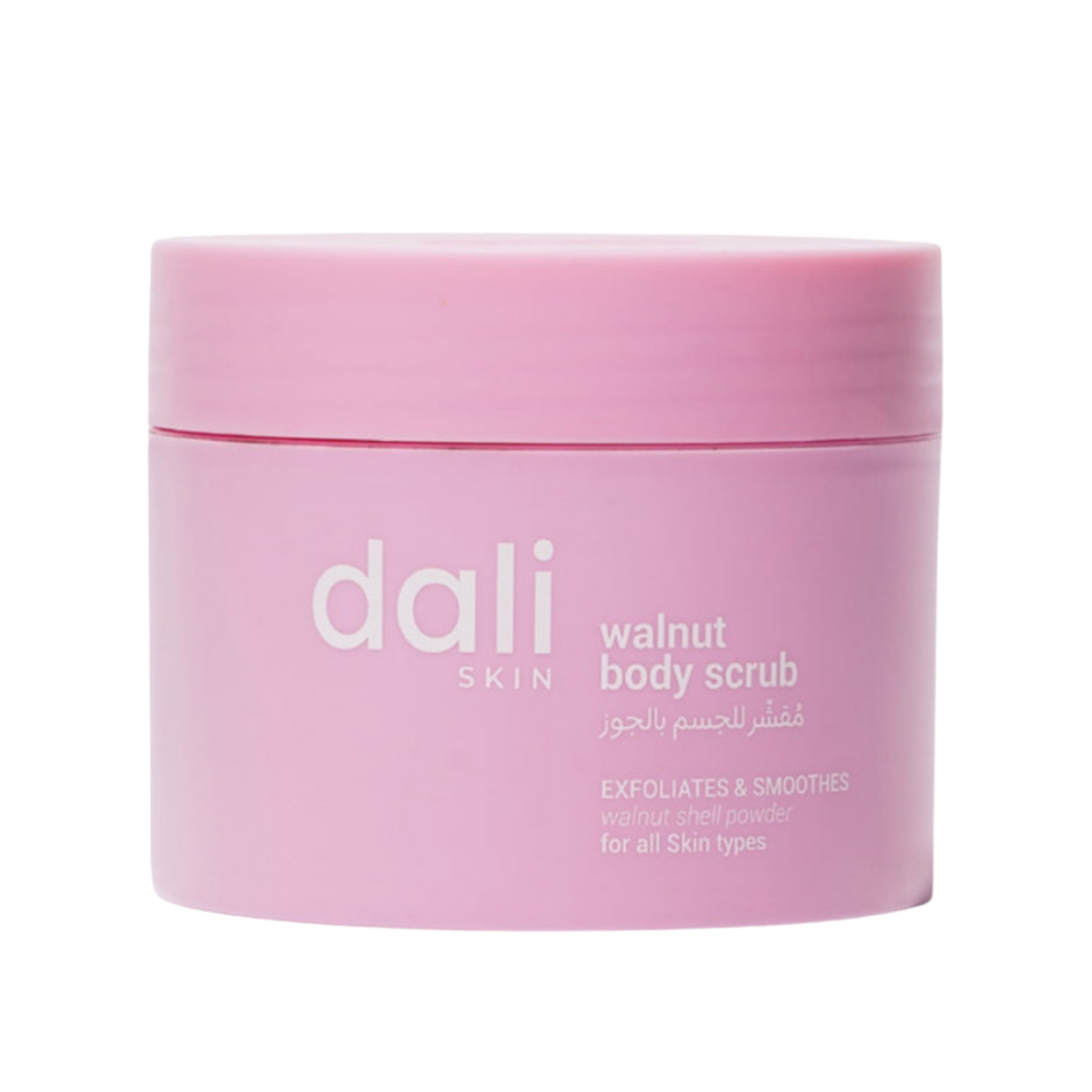 dali Walnut Body Scrub, pink jar, labeled with "dali" and "walnut body scrub", 300g.
