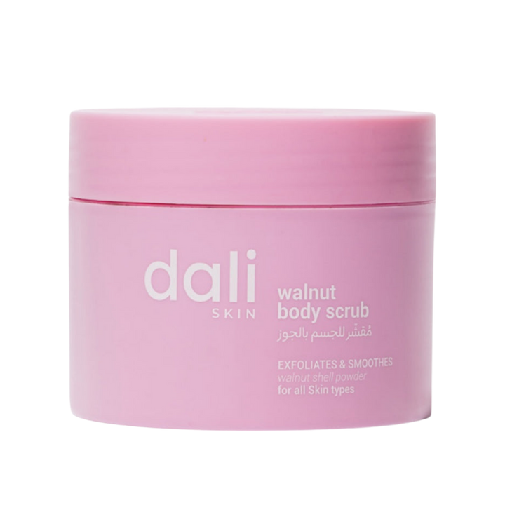 dali Walnut Body Scrub, pink jar, labeled with "dali" and "walnut body scrub", 300g.
