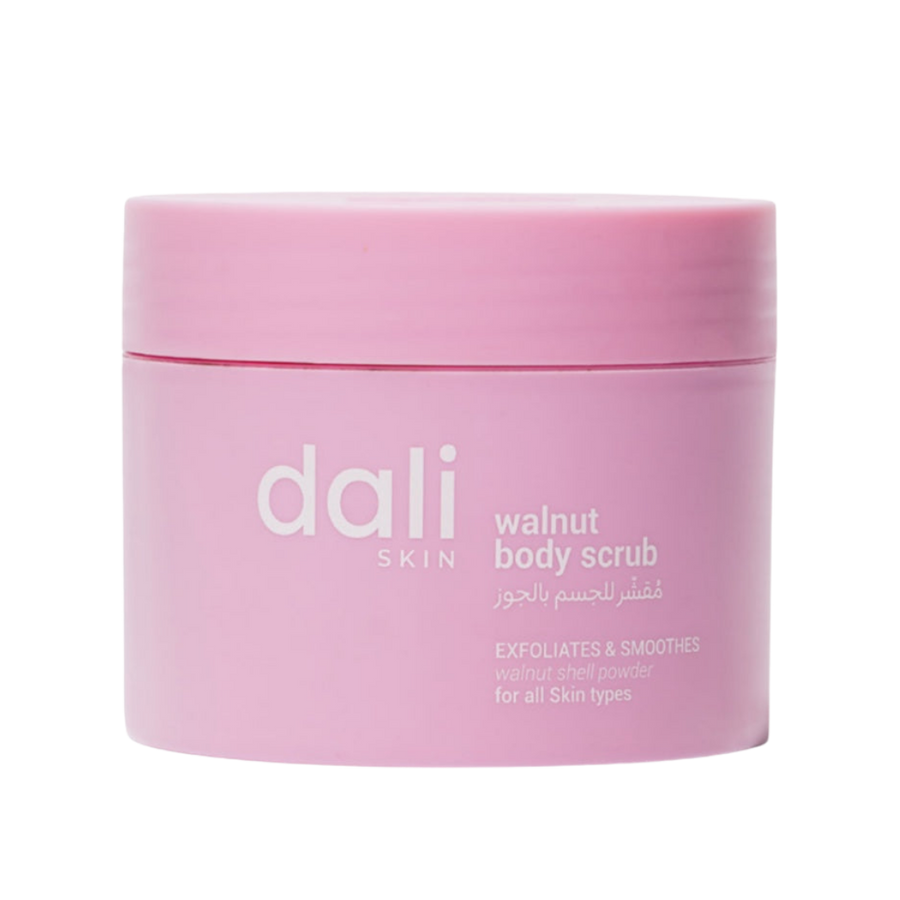 dali Walnut Body Scrub, pink jar, labeled with "dali" and "walnut body scrub", 300g.

