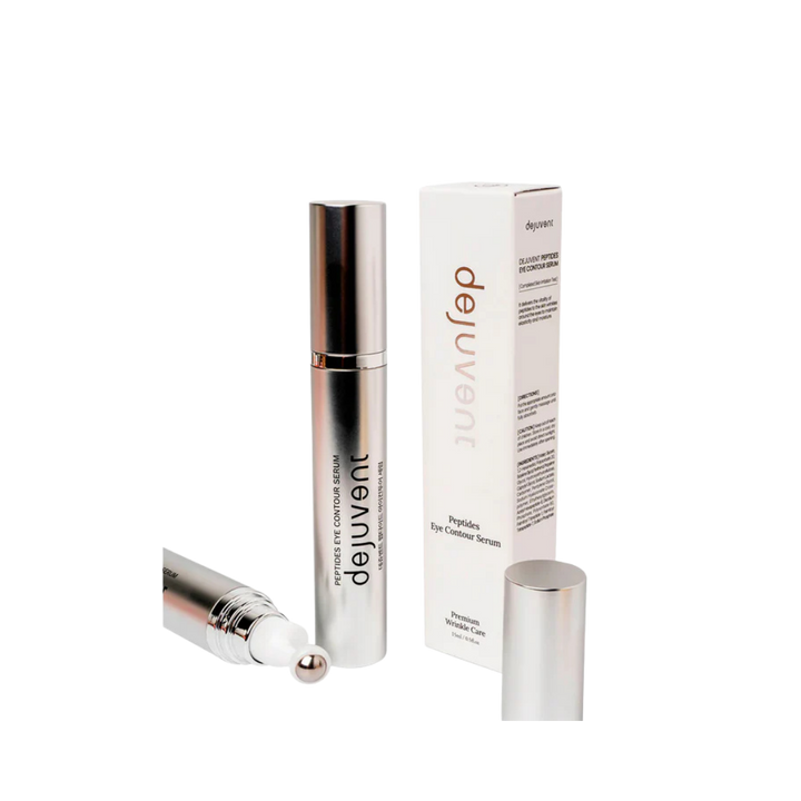 Dejuvent Peptides Eye Contour Serum, 15 ml, with silver packaging and rollerball applicator, in a box.