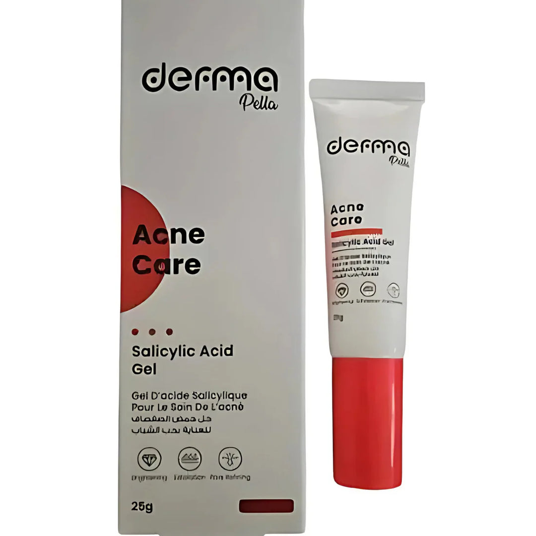 Derma Pella Acne Care Salicylic Acid Gel, 25g, in a white tube with red cap and packaging box.
