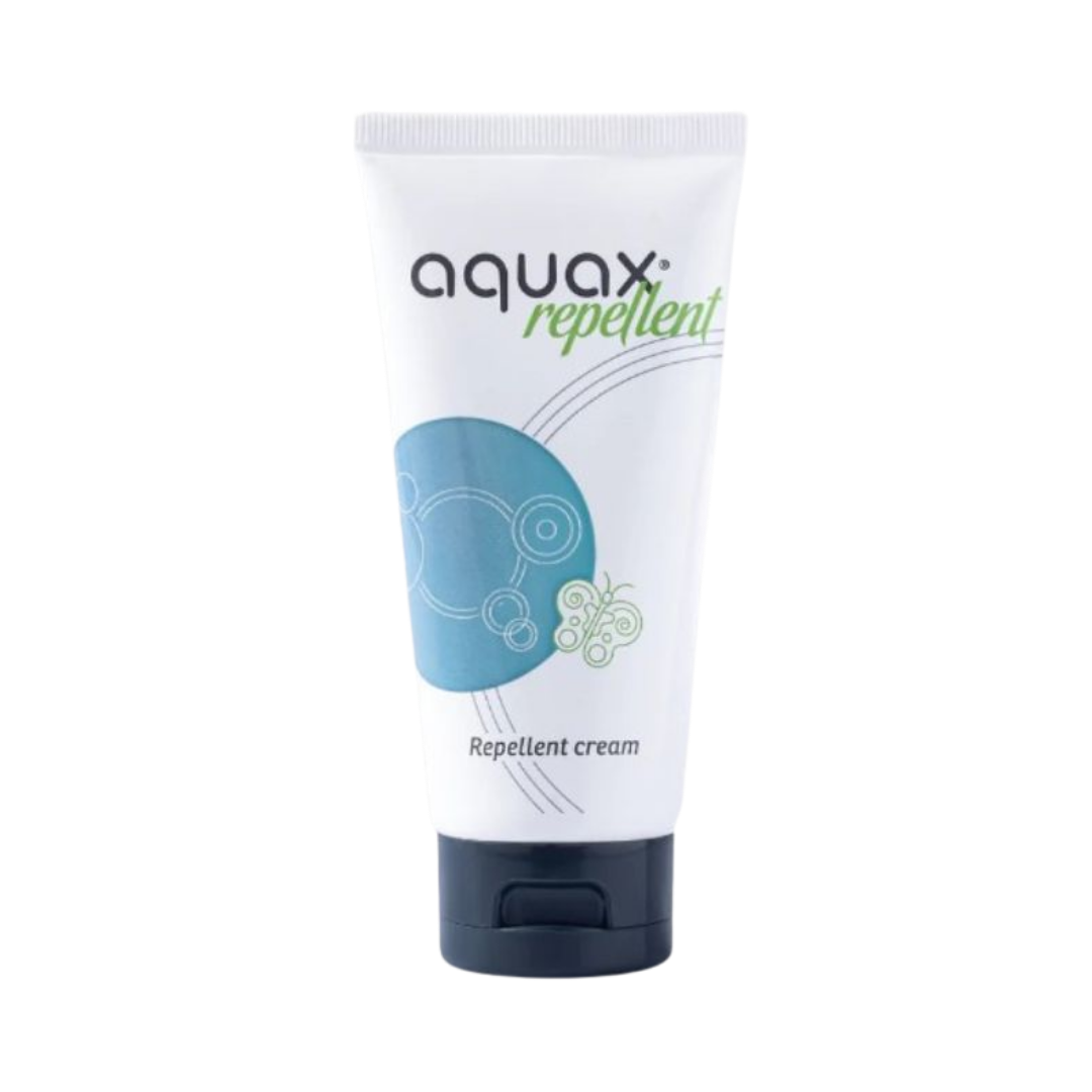 Aquax Repellent cream tube with black flip cap, white packaging and blue circular graphic
