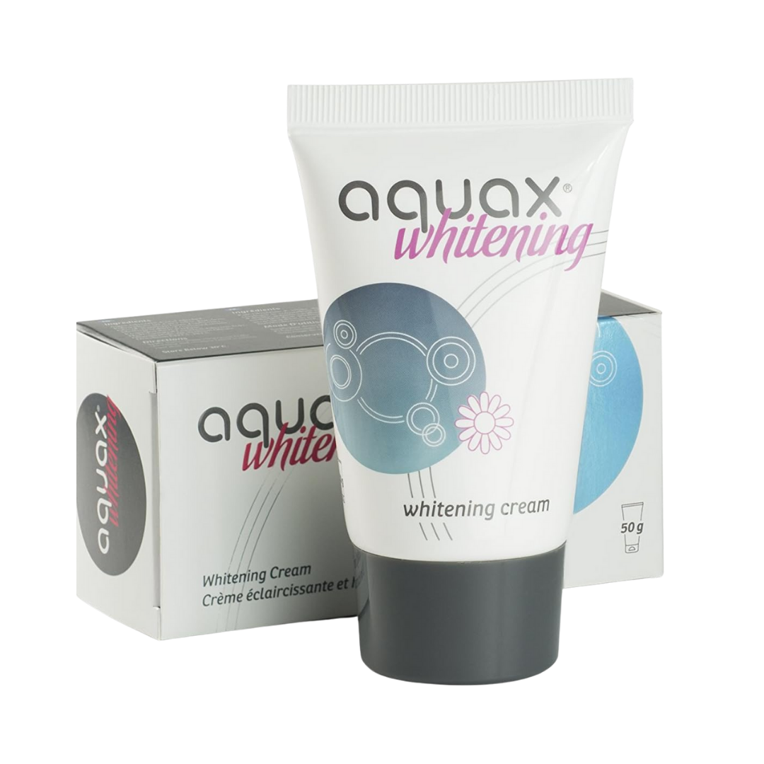 Aquax Whitening Cream 50g tube with black flip cap and matching cardboard box packaging visible
