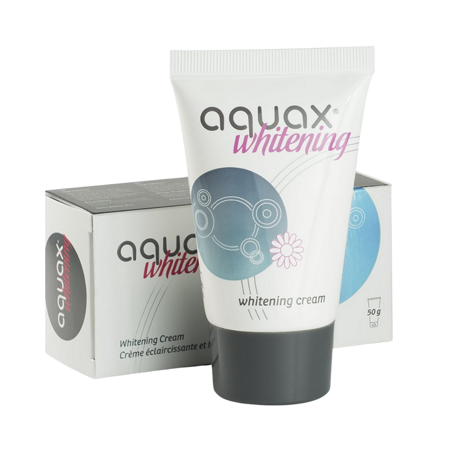 Aquax Whitening Cream 50g tube with black flip cap and matching cardboard box packaging visible
