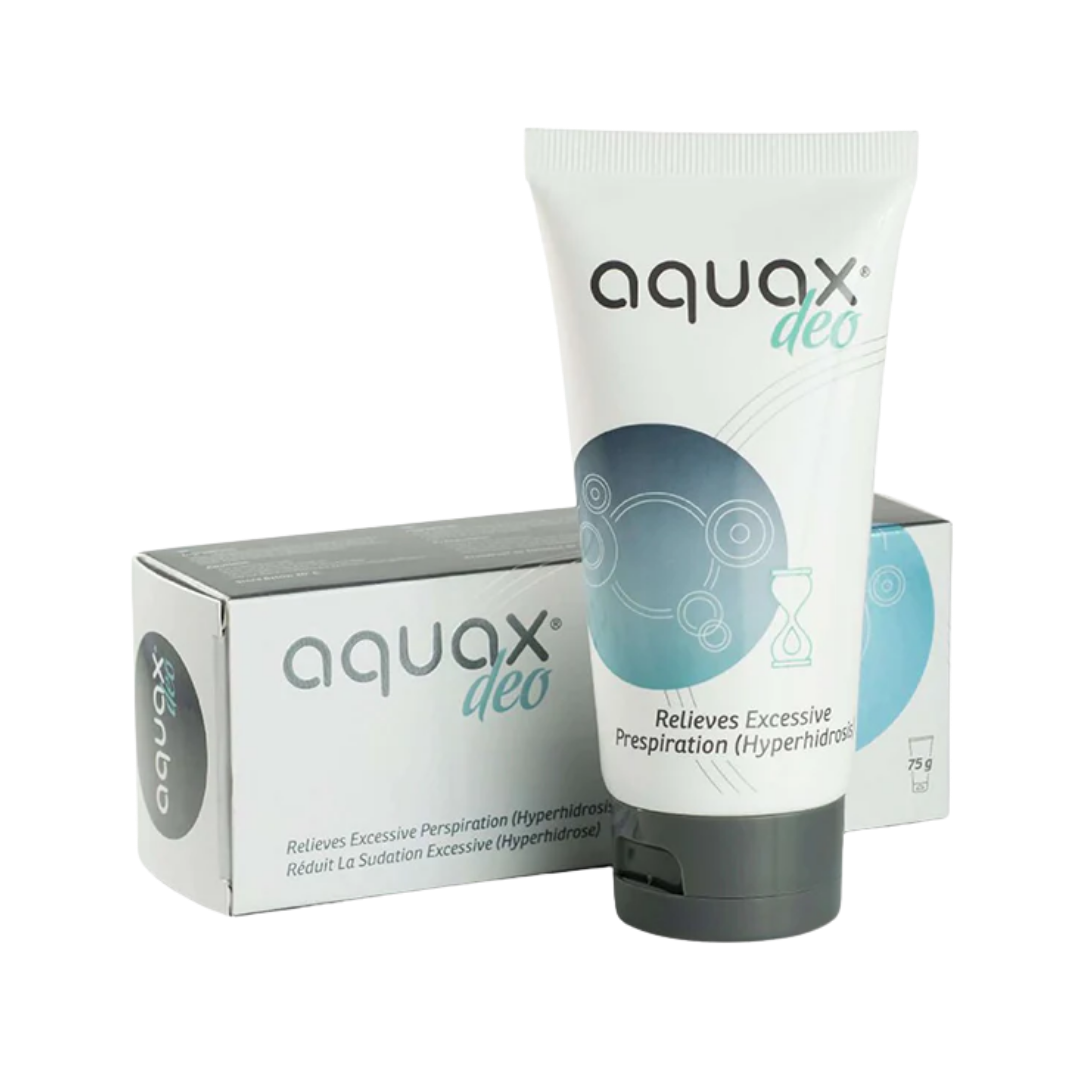 Aquax Deo antiperspirant cream 75g tube with black flip cap and matching cardboard box packaging visible
