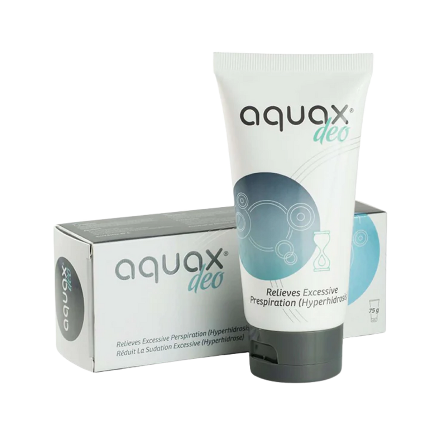 Aquax Deo antiperspirant cream 75g tube with black flip cap and matching cardboard box packaging visible
