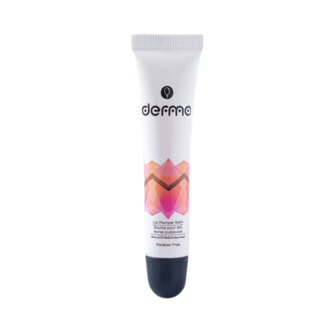 Derma Lip Plumper Balm, Paraben Free, in a white tube with a pink and orange design, for lip hydration and plumping.
