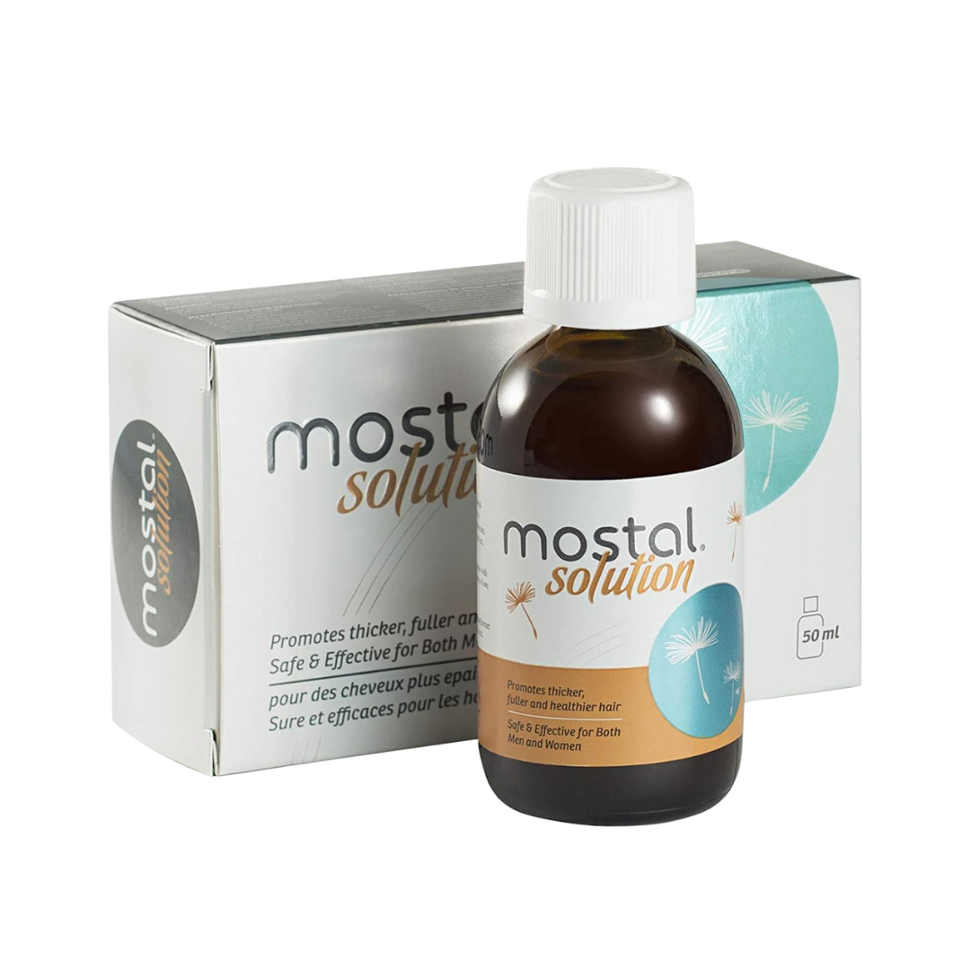 Mostal Solution hair solution 50 ml amber bottle with white cap and matching cardboard box visible
