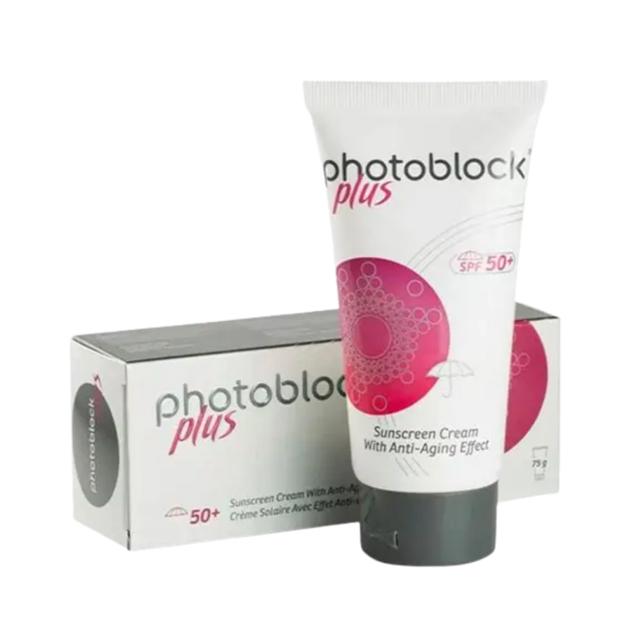 Photoblock Plus sunscreen cream SPF 50+ 75g tube with black flip cap and cardboard box visible
