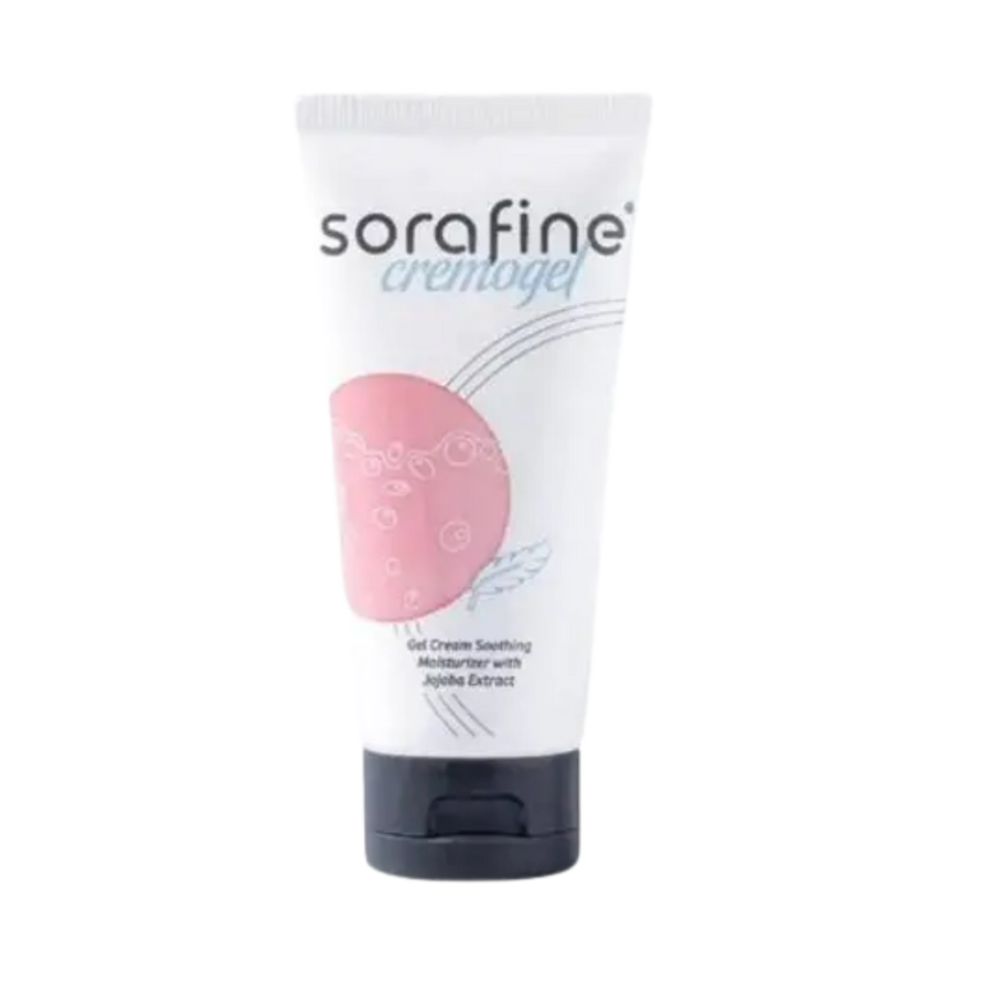 Sorafine Cremogel soothing gel cream tube with jojoba extract, white packaging and black flip cap
