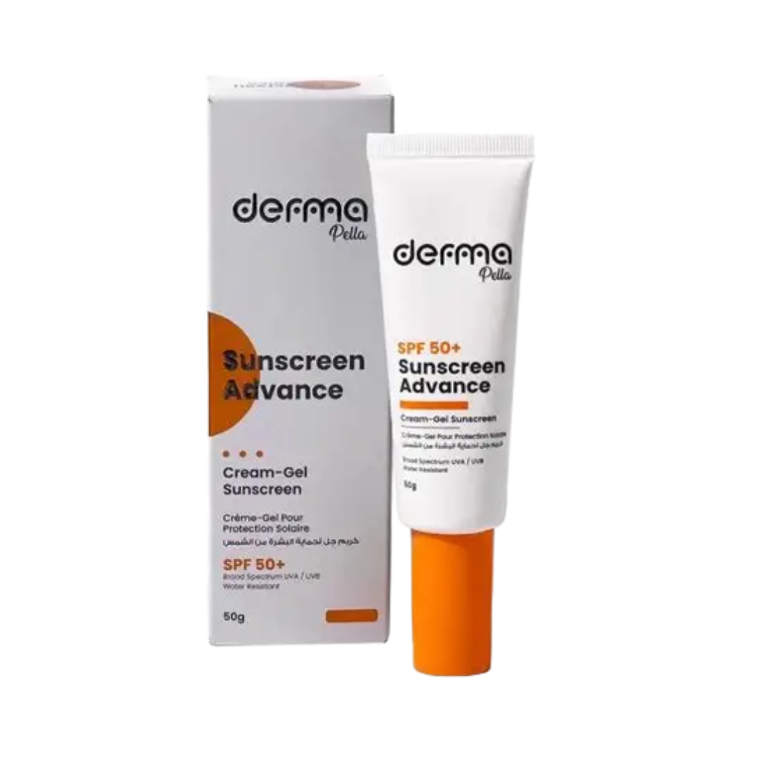 Derma Sunscreen Advanced SPF 50 cream tube with orange cap and matching cardboard box packaging

