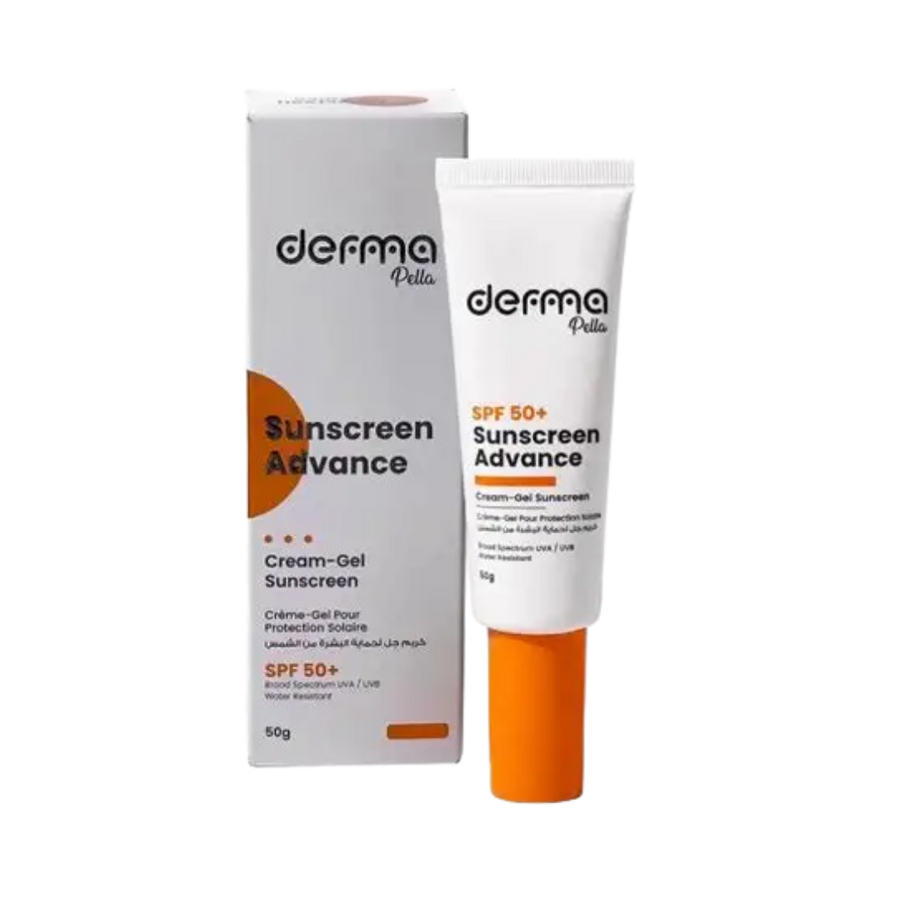 Derma Sunscreen Advanced SPF 50 cream tube with orange cap and matching cardboard box packaging
