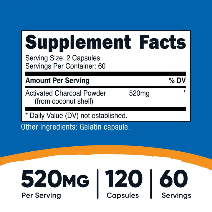 Nutricost Activated Charcoal 520mg -120 Capsules |نيوتريكوست فحم نشط 520 ملغ - 120 كبسولة