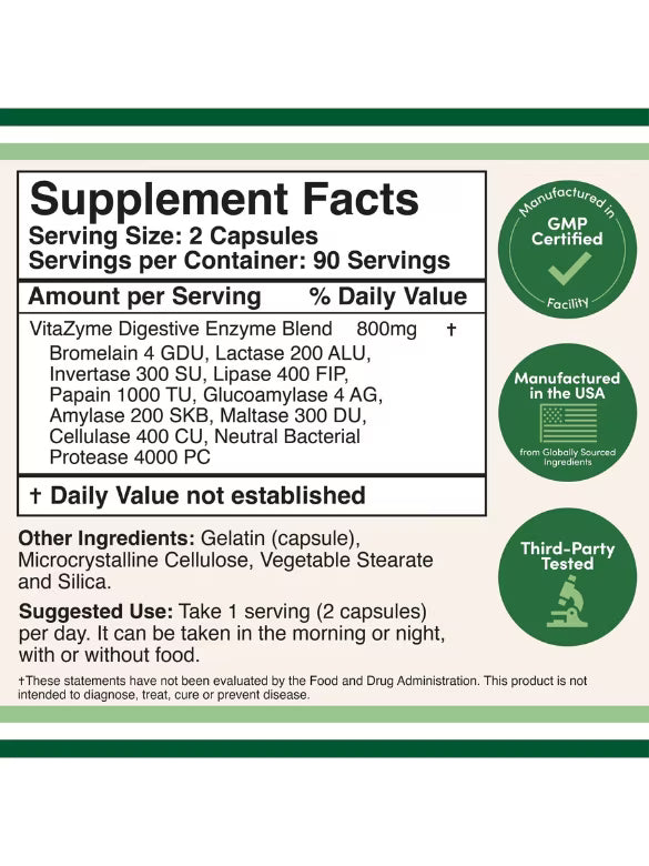 Double Wood Essential Digestive Enzymes 800 mg - 180 Capsules | دابل وود إنزيمات هضم أساسية 800 ملغ - 180 كبسولة