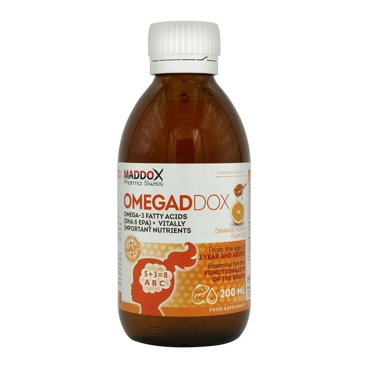 MADDOX Omegadox Orange Honey Flavour Liquid - 200ml | مادوكس أوميجادوكس شراب بنكهة العسل والبرتقال - 200مل
