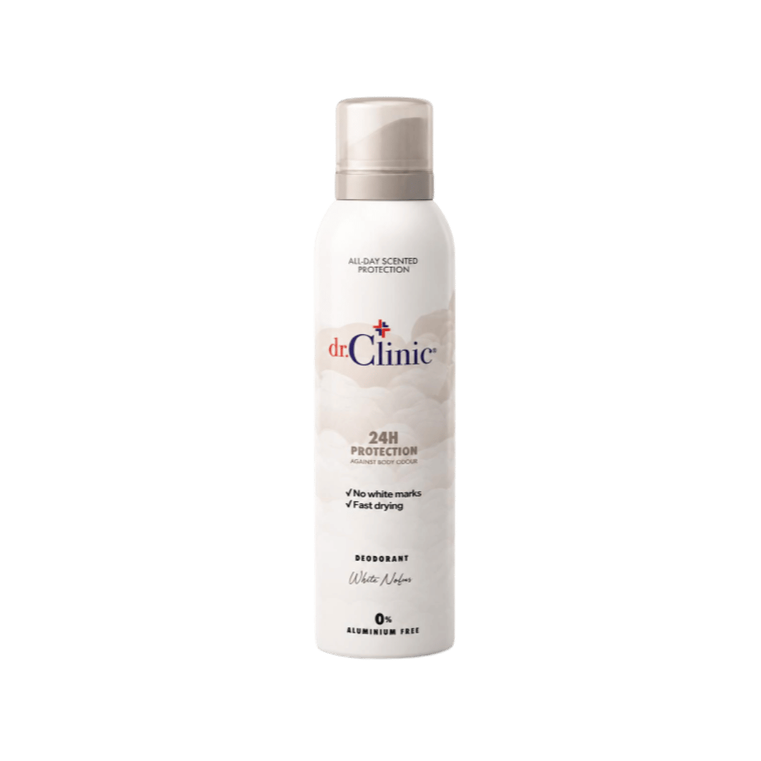 dr.Clinic White Notes deodorant spray, white aerosol can with beige cap, 24H protection