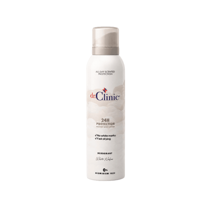 dr.Clinic White Notes deodorant spray, white aerosol can with beige cap, 24H protection