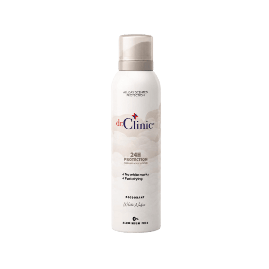 dr.Clinic White Notes deodorant spray, white aerosol can with beige cap, 24H protection
