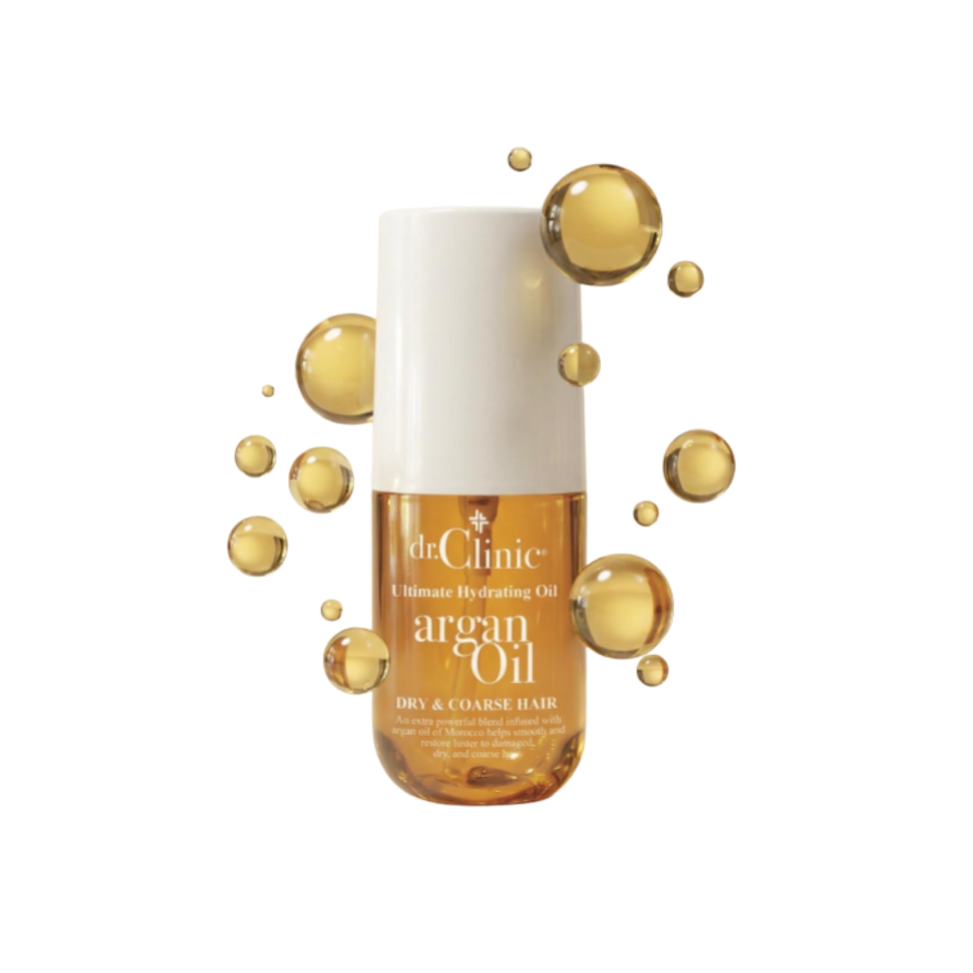 Dr.Clinic Ultimate Hydrating Argan Oil, glass bottle with white cap, oil serum for dry coarse hair