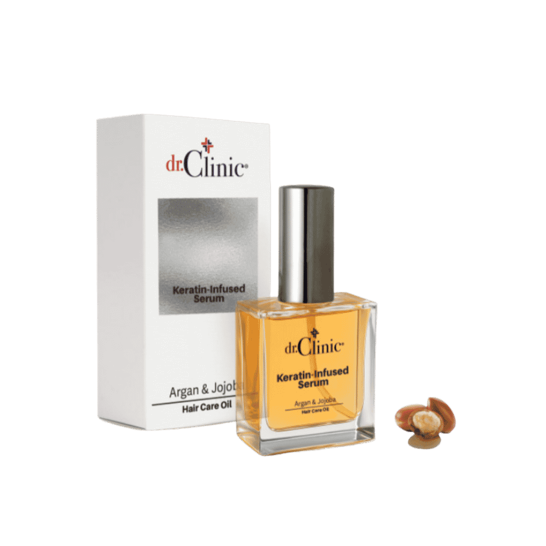 dr. Clinic Keratin-Infused Serum with Argan & Jojoba Oil, hair care oil in a 50ml bottle, with packaging.