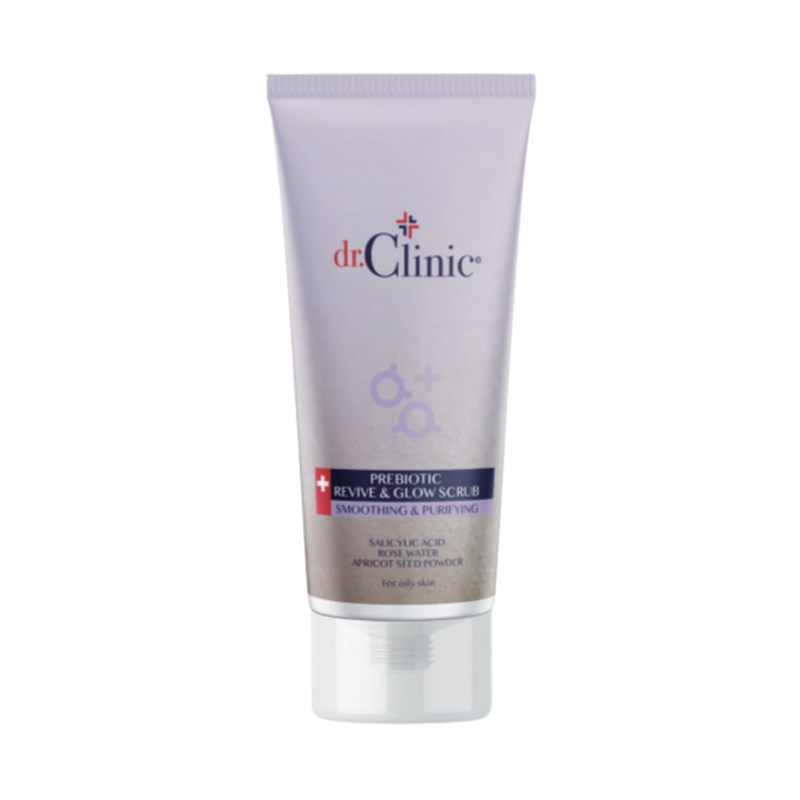 Dr. Clinic Prebiotic Revive & Glow face scrub tube with salicylic acid, rose water, apricot seed powder, 170ml