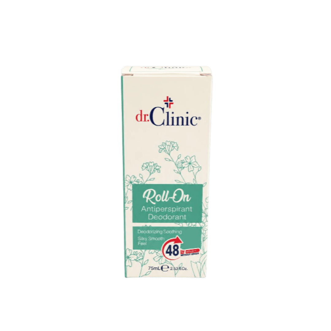 dr. Clinic Roll-On Antiperspirant Deodorant, 75ml, deodorizing and soothing with a silky smooth feel, 48-hour protection.
