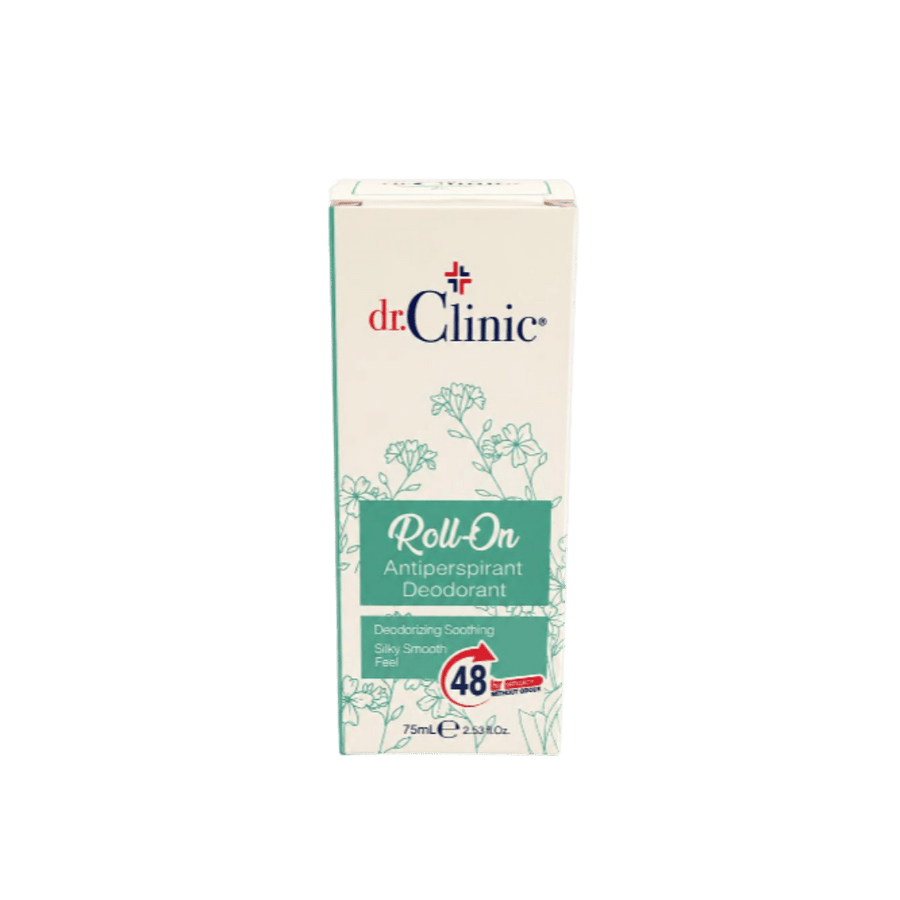 dr. Clinic Roll-On Antiperspirant Deodorant, 75ml, deodorizing and soothing with a silky smooth feel, 48-hour protection.