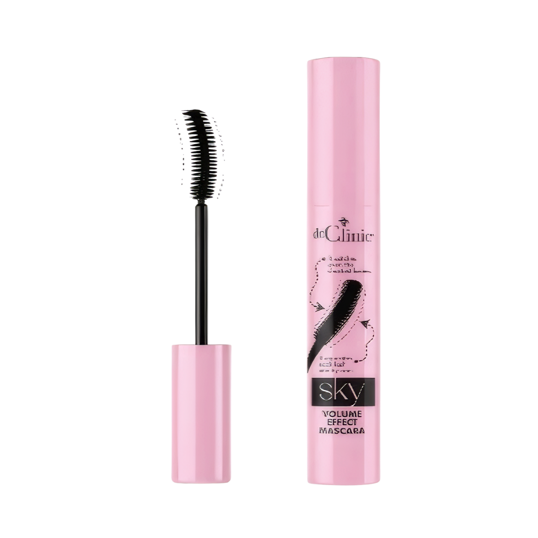 Dr. Clinic Sky Volume Effect mascara, pink packaging, curved brush for added volume, black color
