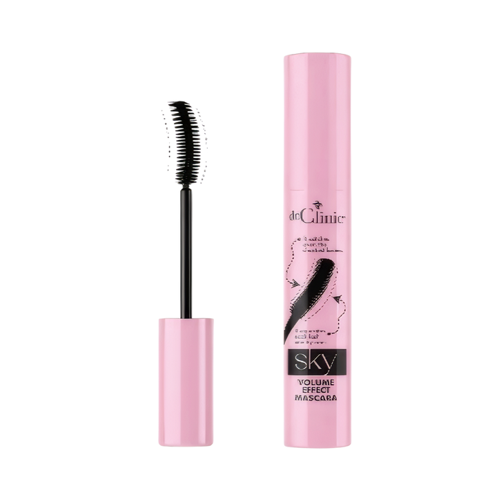 Dr. Clinic Sky Volume Effect mascara, pink packaging, curved brush for added volume, black color
