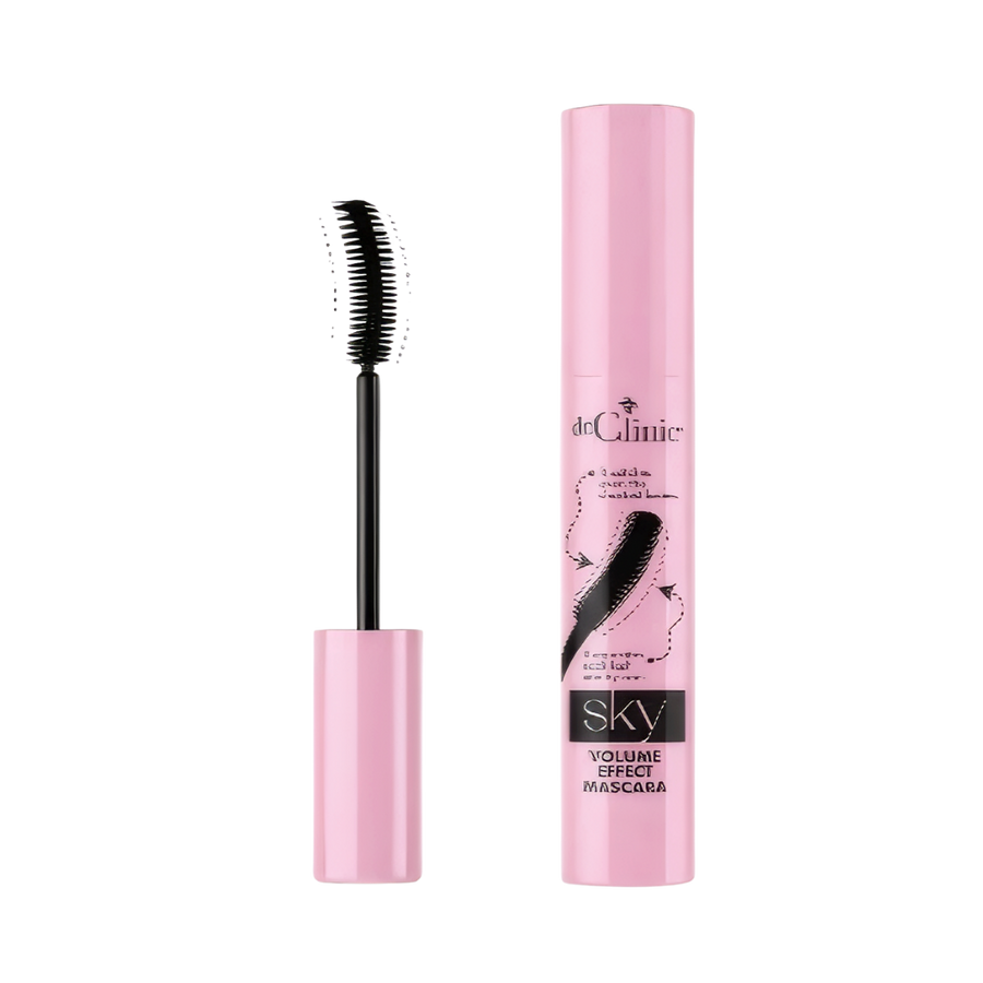 Dr. Clinic Sky Volume Effect mascara, pink packaging, curved brush for added volume, black color
