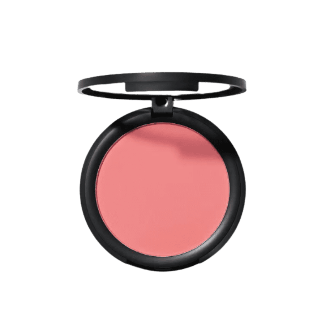 Pink powder blush in open black round compact with hinged lid
