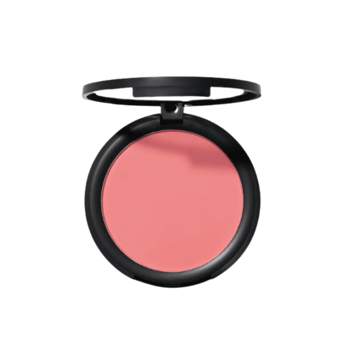 Pink powder blush in open black round compact with hinged lid
